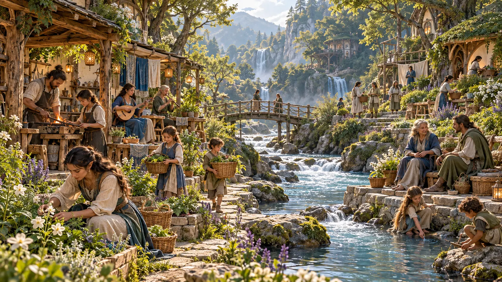 An everyday Aevervale community beside water, gardens and working craftspeople