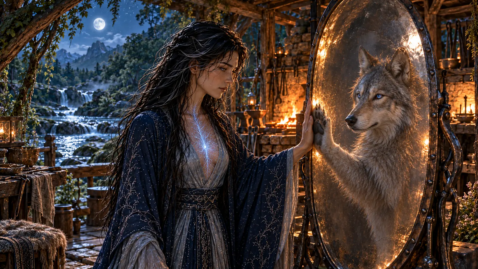 Akira touching a forged metal mirror while her wolf reflection touches the same point with its paw