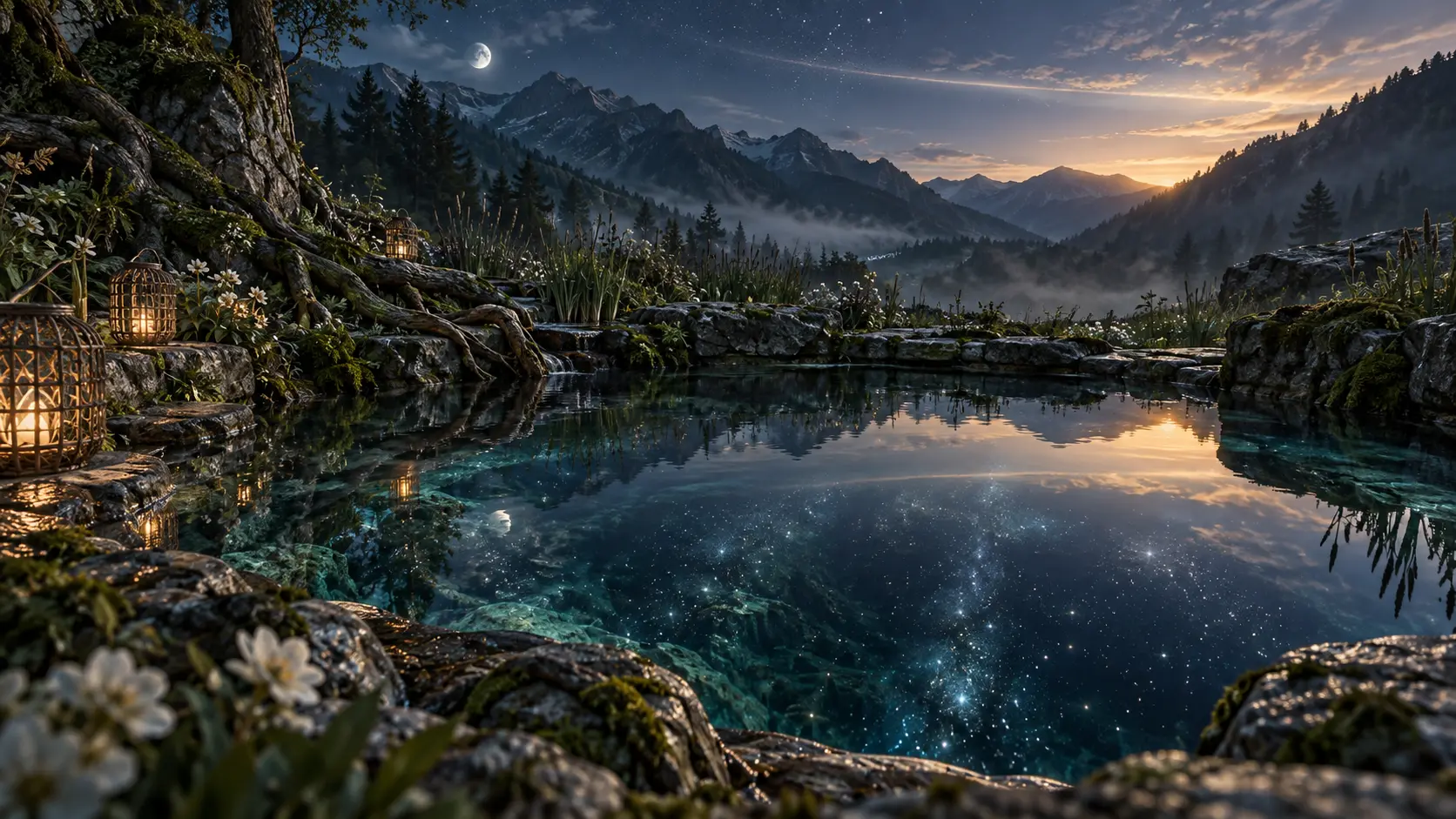 A child standing before a luminous pool in an ancient forest