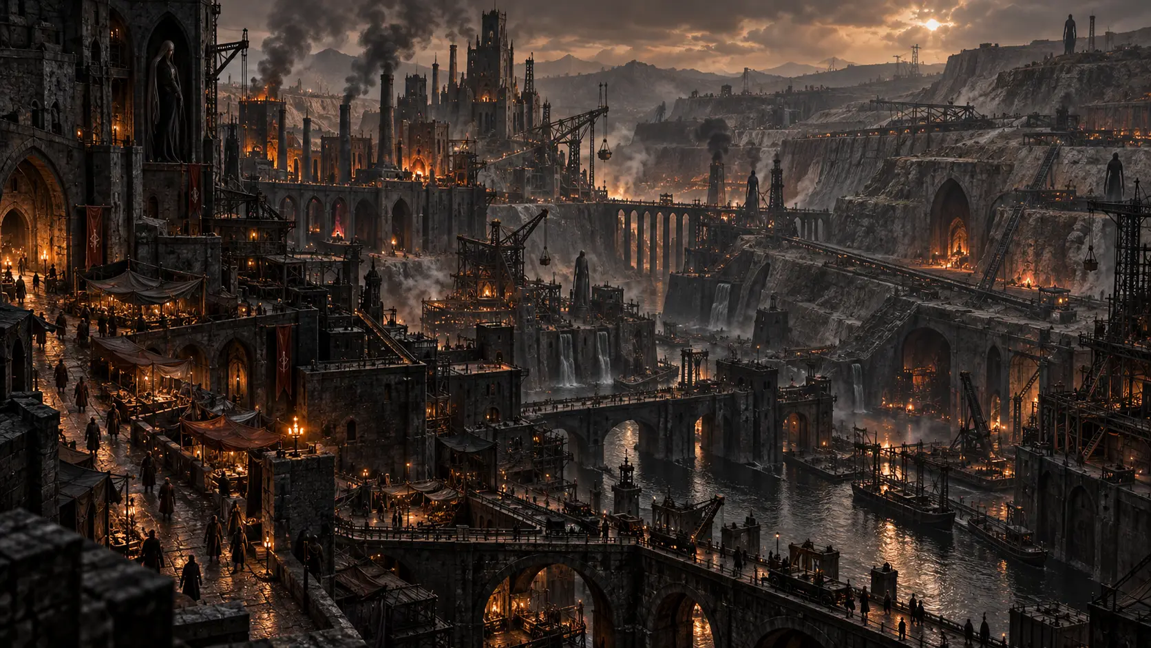 An inhabited industrial city in the wounded world of Terralis, with dark shapes among its towers