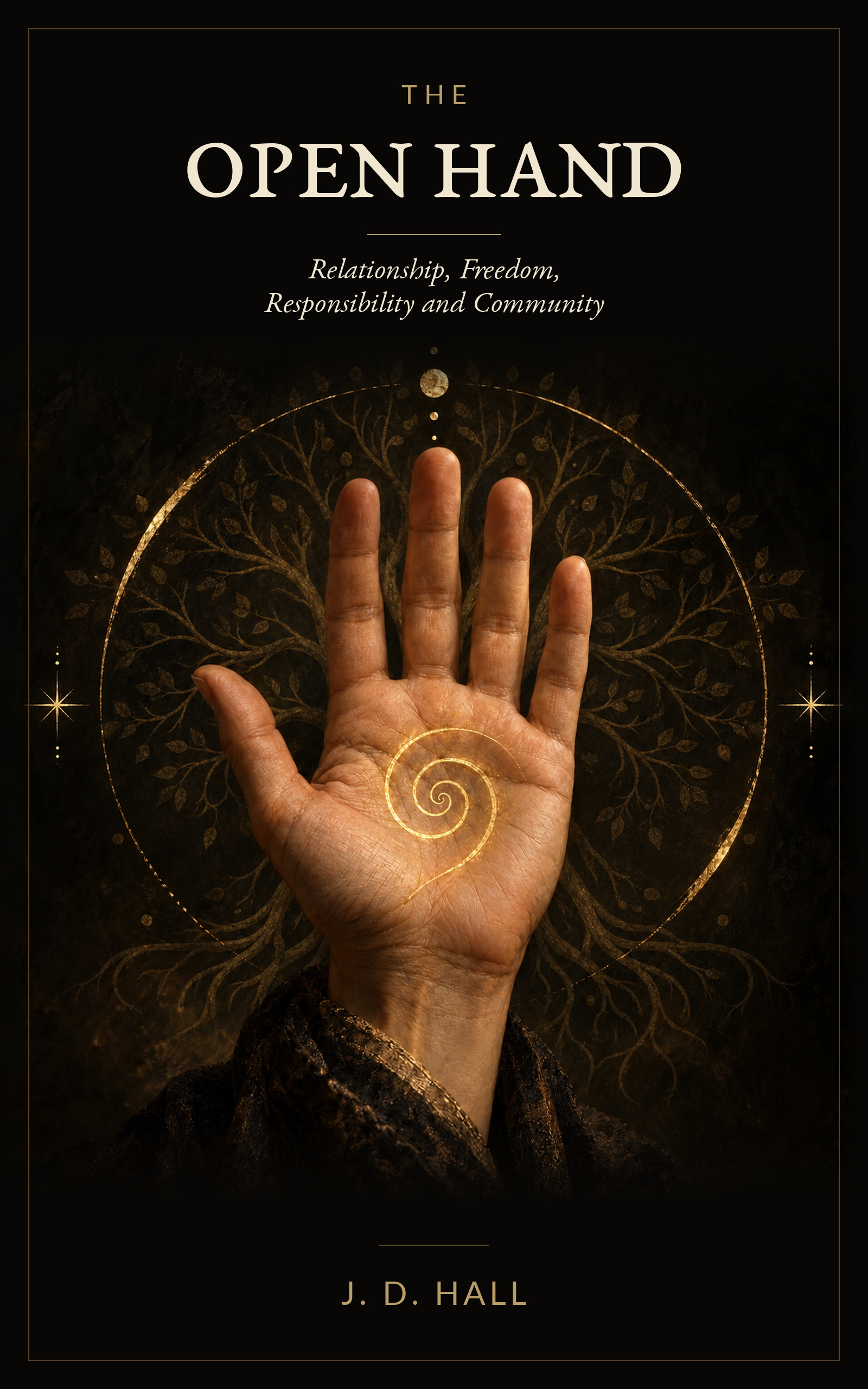 Cover of The Open Hand: a raised human palm with a luminous golden spiral against a tree motif